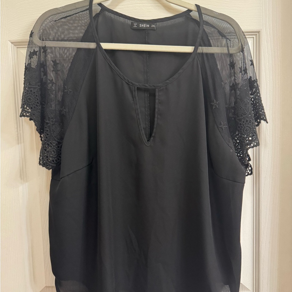 SHEIN Elegant Black Blouse with Lace Sleeves